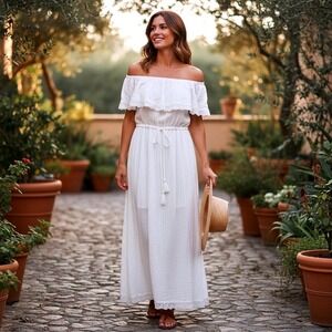 Monoprix Femme White Gauze Off Shoulder Maxi Dress Lace Trim Boho Tassel Size 3